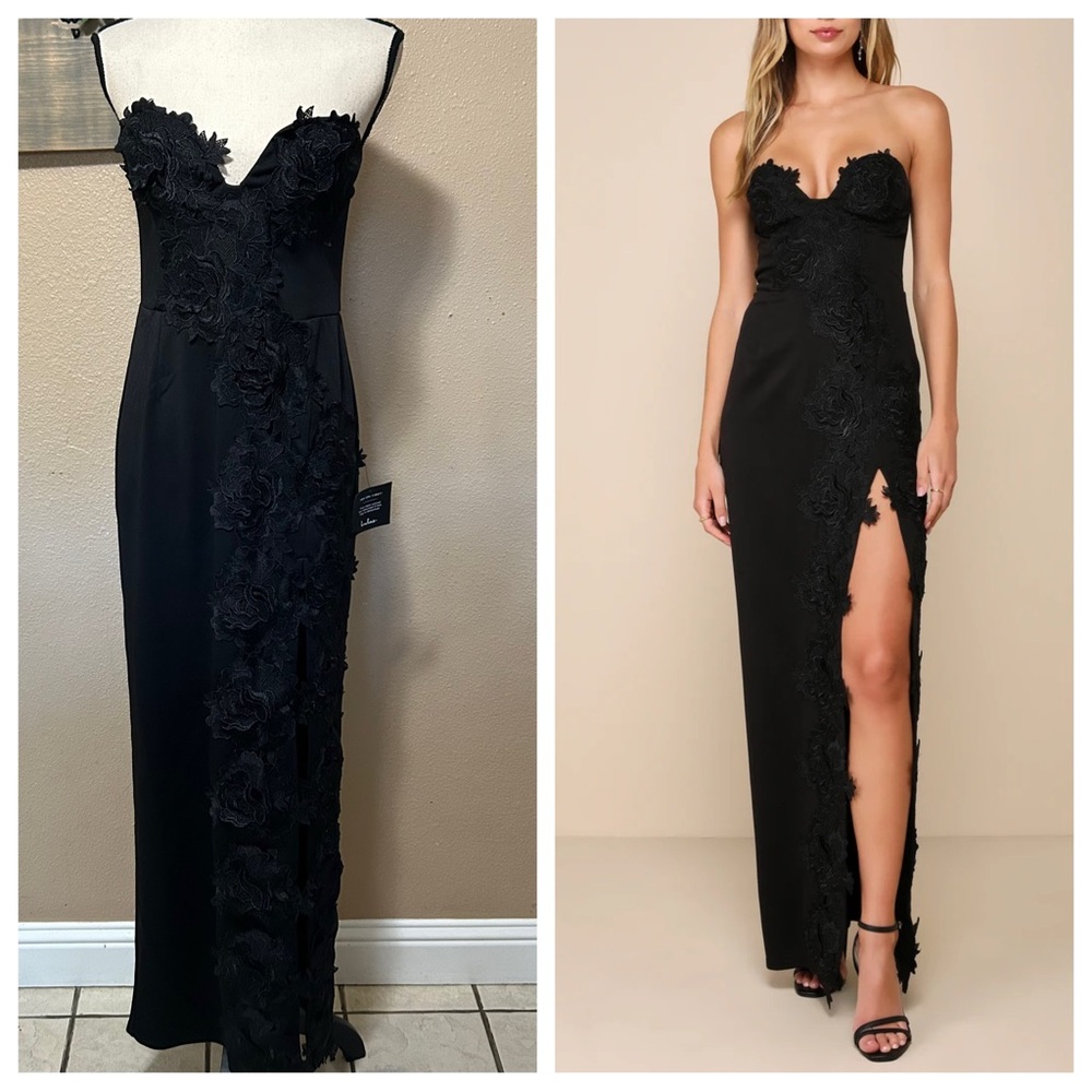 Lulu's Black Strapless Dress with Floral Appliqué